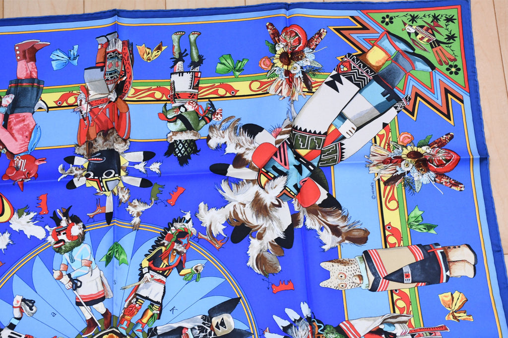 Hermes Scarf Kachina by Kermit Oliver 90 cm silk native blue Carre vintage 35" 045