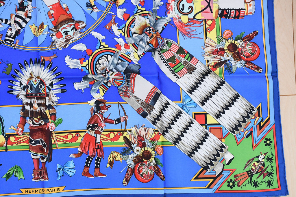 Hermes Scarf Kachina by Kermit Oliver 90 cm silk native blue Carre vintage 35" 045