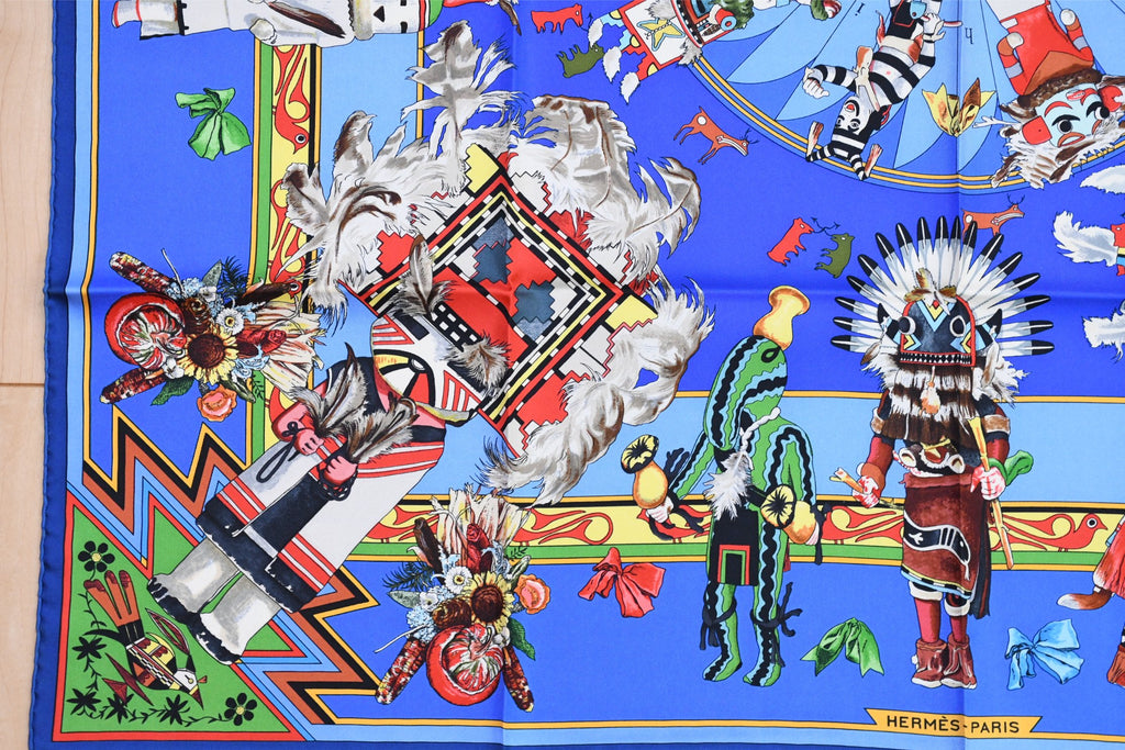 Hermes Scarf Kachina by Kermit Oliver 90 cm silk native blue Carre vintage 35" 045