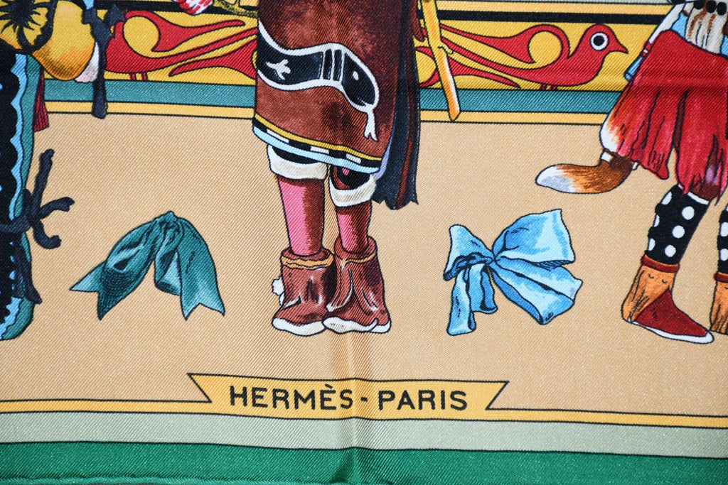 Hermes Scarf Kachina by Kermit Oliver 90 cm silk native green beige Carre 35"