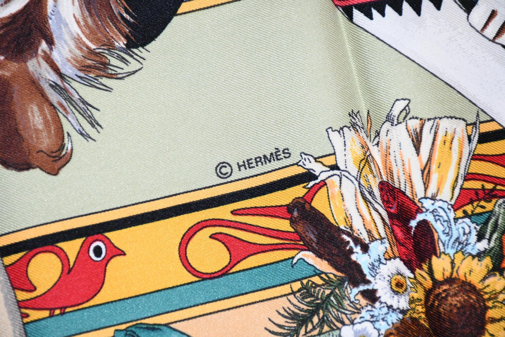 Hermes Scarf Kachina by Kermit Oliver 90 cm silk native green beige Carre 35"