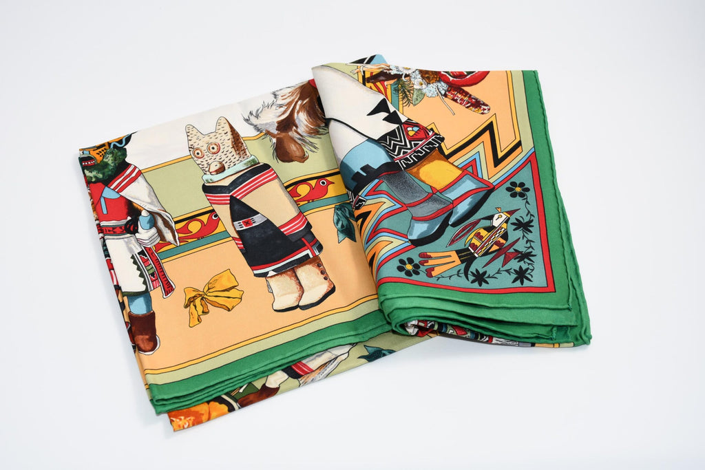 Hermes Scarf Kachina by Kermit Oliver 90 cm silk native green beige Carre 35"