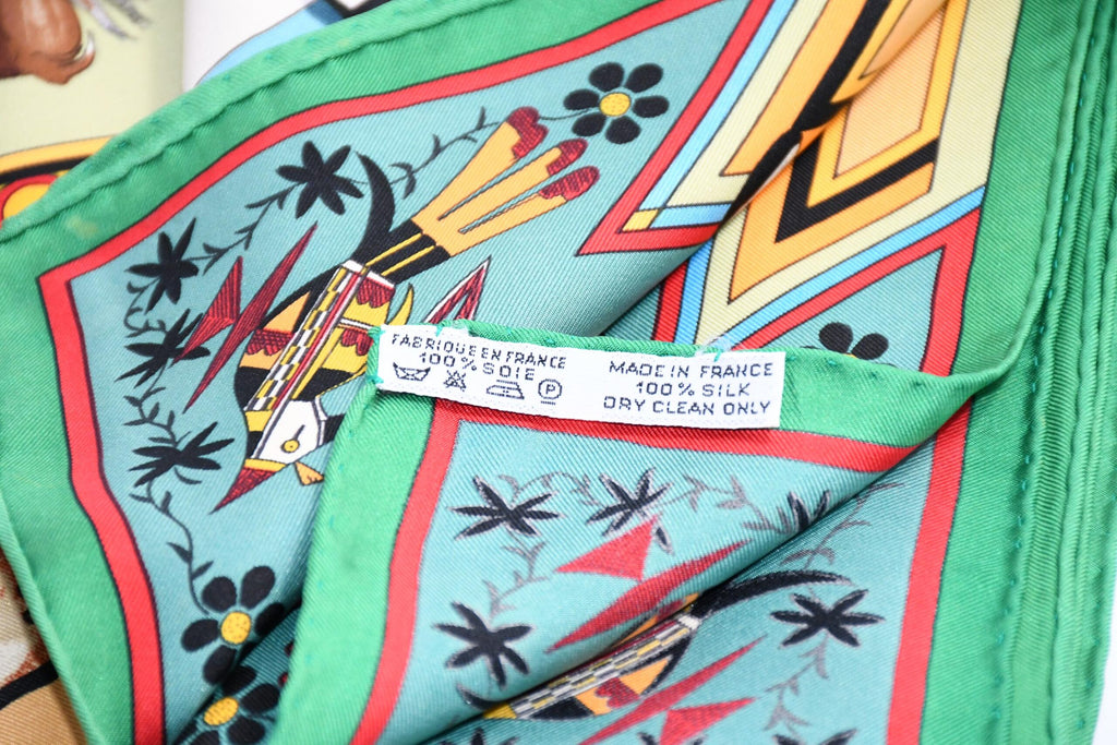 Hermes Scarf Kachina by Kermit Oliver 90 cm silk native green beige Carre 35"