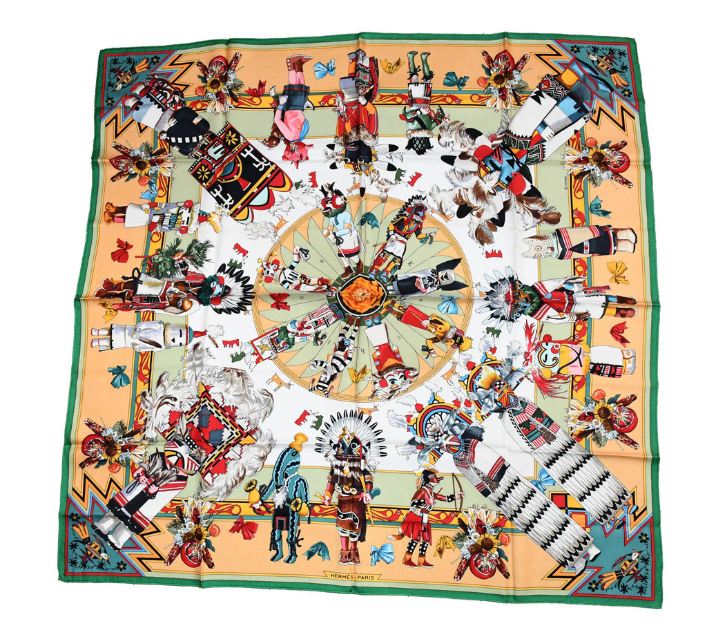 Hermes Scarf Kachina by Kermit Oliver 90 cm silk native green beige Carre 35"