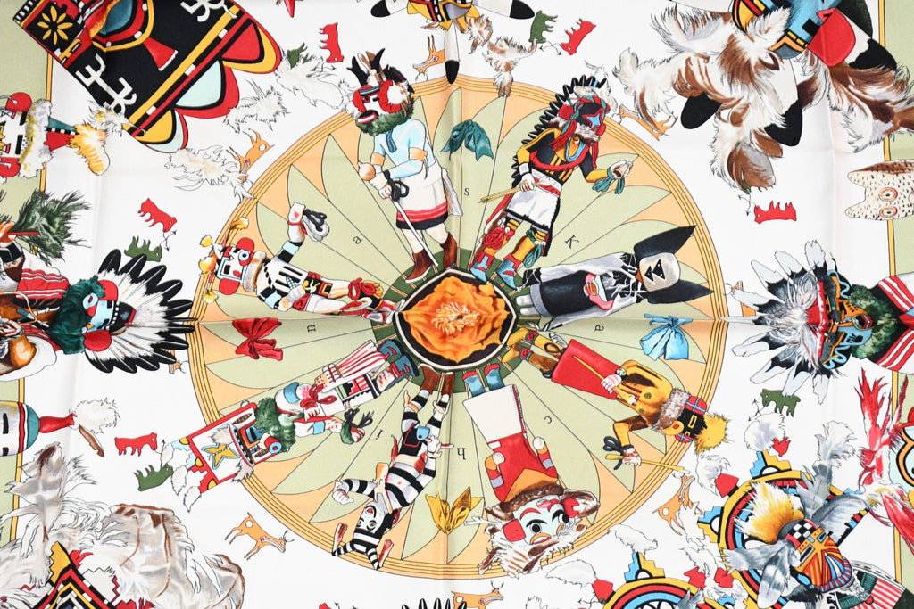 Hermes Scarf Kachina by Kermit Oliver 90 cm silk native green beige Carre 35"