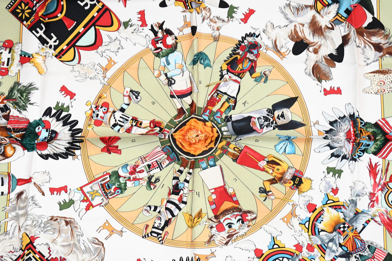 Hermes Scarf Kachina by Kermit Oliver 90 cm silk native green beige Carre 35"