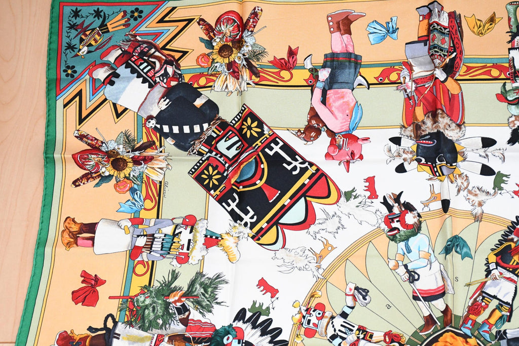 Hermes Scarf Kachina by Kermit Oliver 90 cm silk native green beige Carre 35"