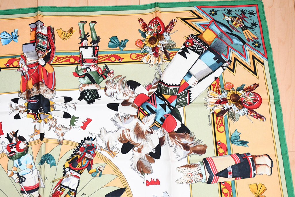 Hermes Scarf Kachina by Kermit Oliver 90 cm silk native green beige Carre 35"