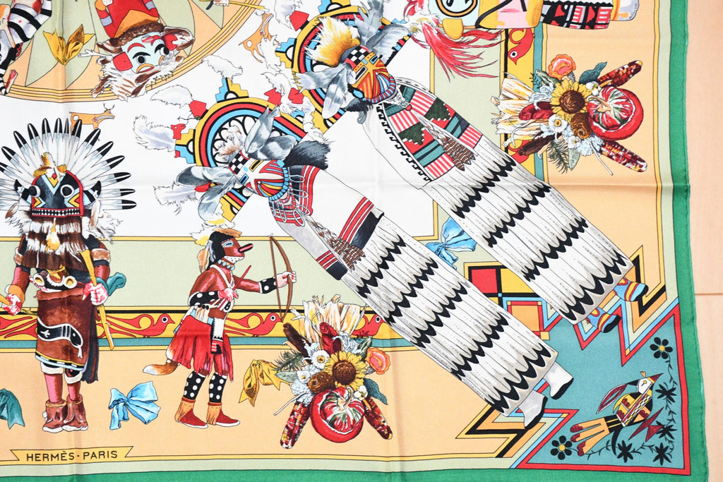 Hermes Scarf Kachina by Kermit Oliver 90 cm silk native green beige Carre 35"