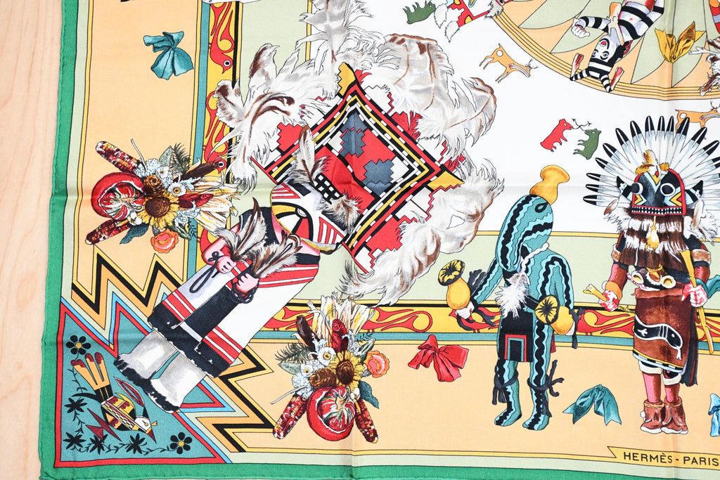 Hermes Scarf Kachina by Kermit Oliver 90 cm silk native green beige Carre 35"