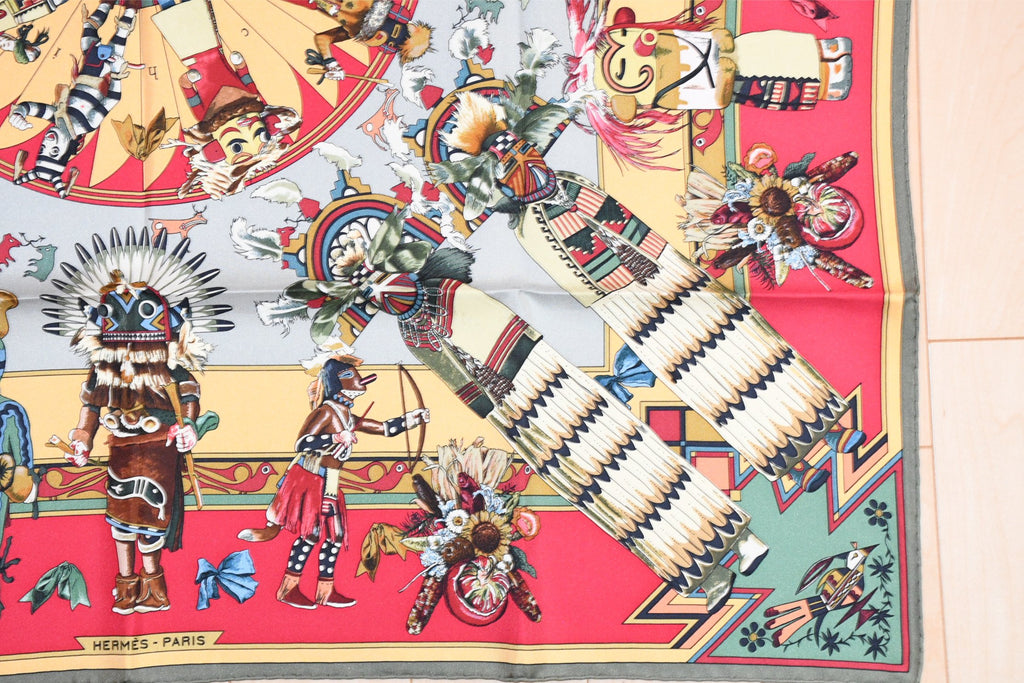 Hermes Scarf Kachina by Kermit Oliver 90 cm silk native green red Carre 35" 03