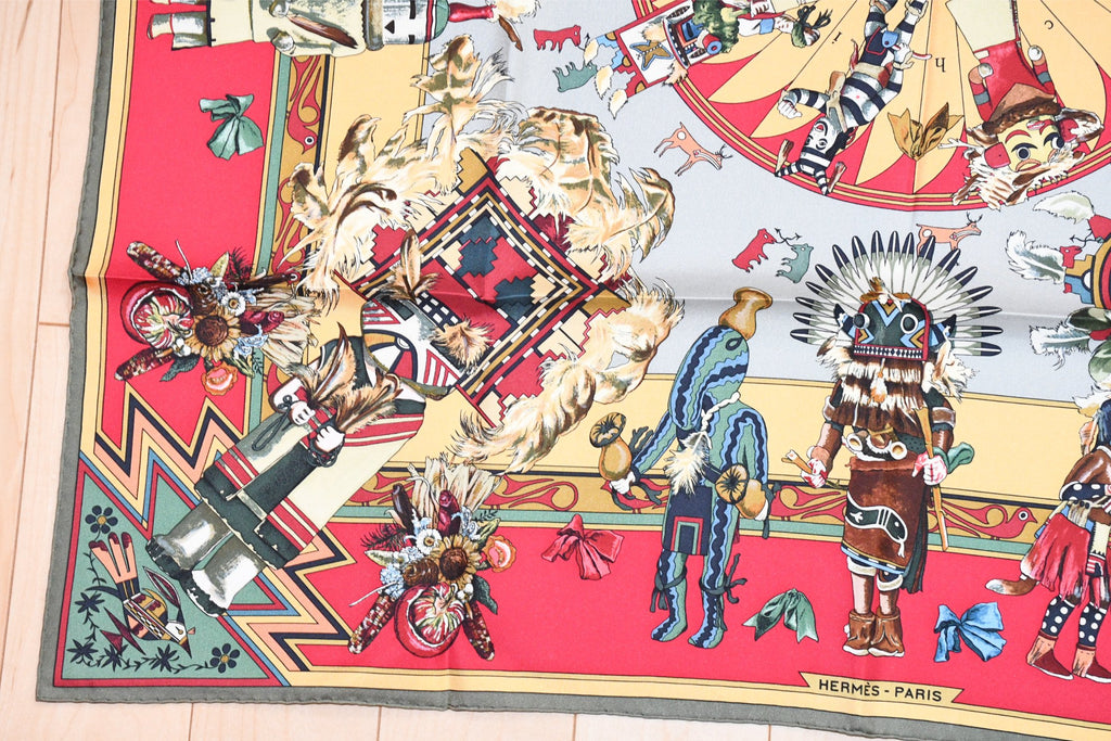 Hermes Scarf Kachina by Kermit Oliver 90 cm silk native green red Carre 35" 03