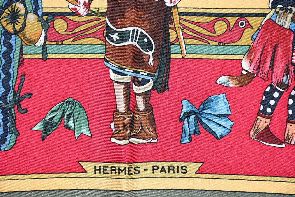 Hermes Scarf Kachina by Kermit Oliver 90 cm silk native green red Carre 35" 03