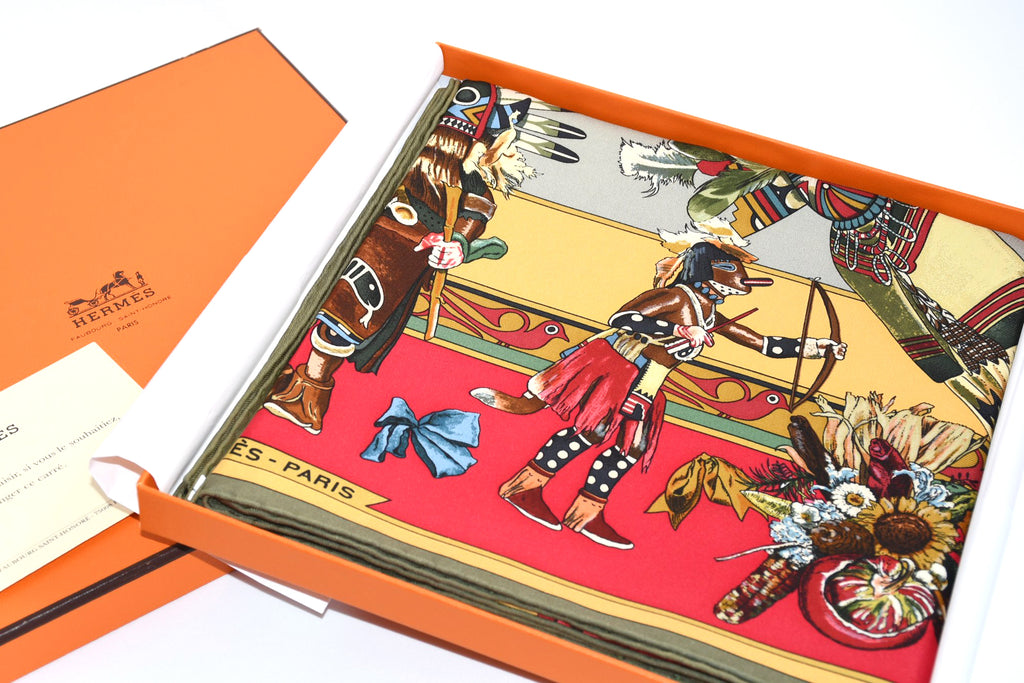 Hermes Scarf Kachina by Kermit Oliver 90 cm silk native green red Carre 35" 03