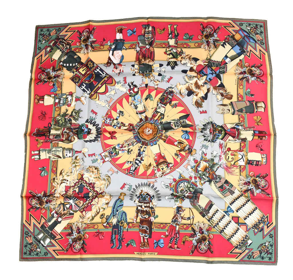 Hermes Scarf Kachina by Kermit Oliver 90 cm silk native green red Carre 35" 03