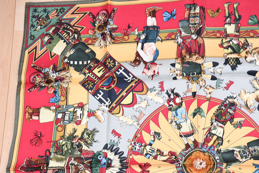 Hermes Scarf Kachina by Kermit Oliver 90 cm silk native green red Carre 35" 03
