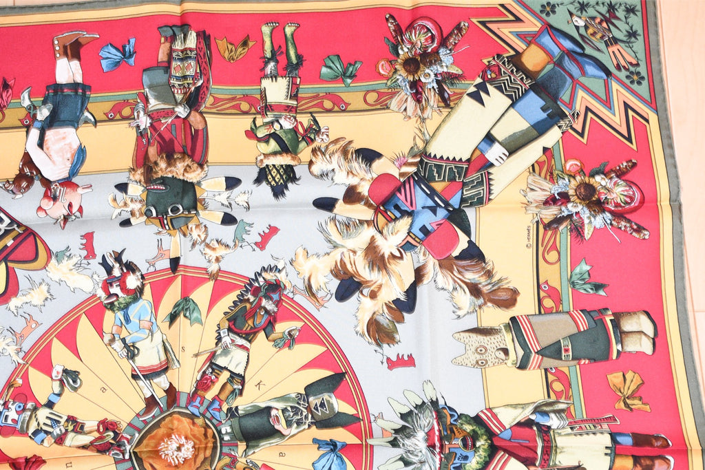 Hermes Scarf Kachina by Kermit Oliver 90 cm silk native green red Carre 35" 03