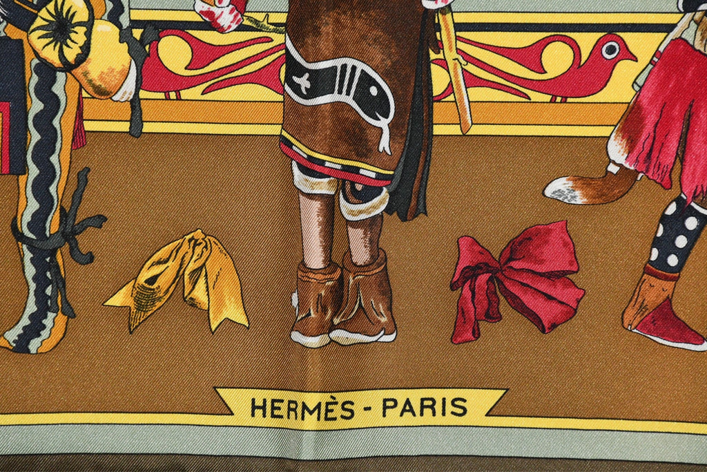 Hermes Scarf Kachina by Kermit Oliver 90 cm silk native khaki brown Carre 35"