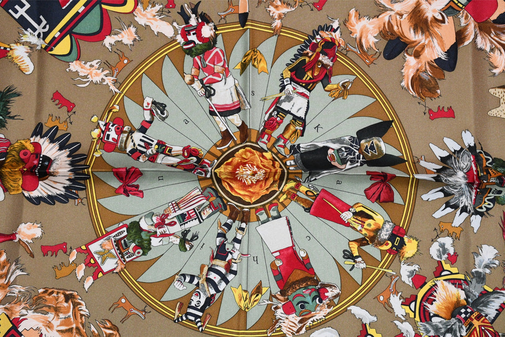 Hermes Scarf Kachina by Kermit Oliver 90 cm silk native khaki brown Carre 35"