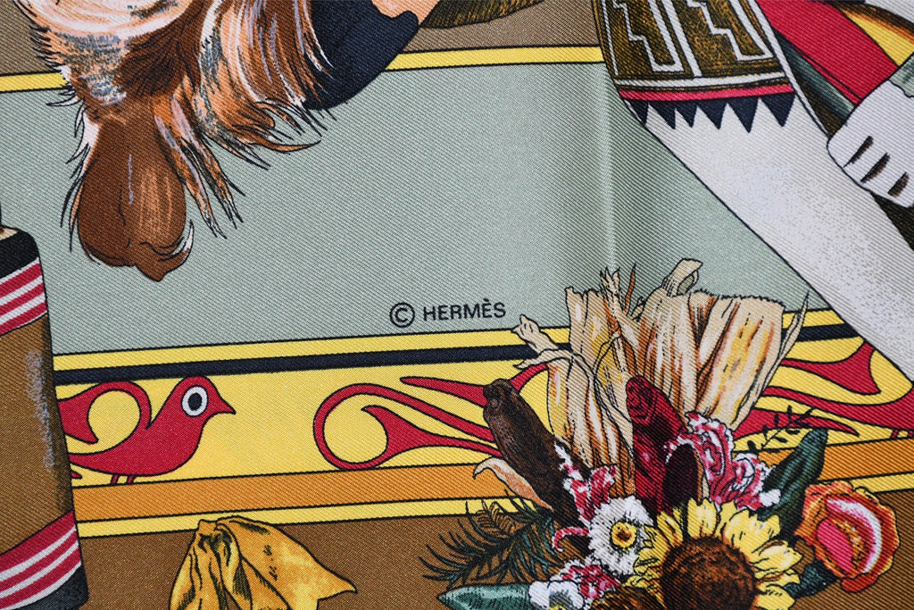 Hermes Scarf Kachina by Kermit Oliver 90 cm silk native khaki brown Carre 35"