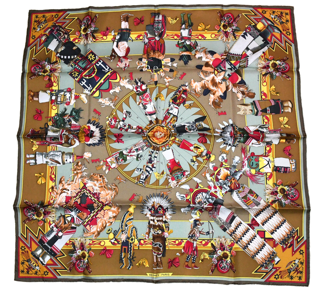 Hermes Scarf Kachina by Kermit Oliver 90 cm silk native khaki brown Carre 35"