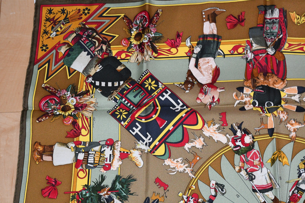 Hermes Scarf Kachina by Kermit Oliver 90 cm silk native khaki brown Carre 35"