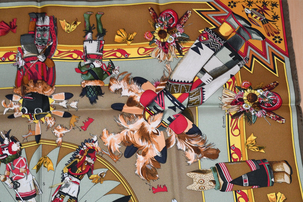 Hermes Scarf Kachina by Kermit Oliver 90 cm silk native khaki brown Carre 35"