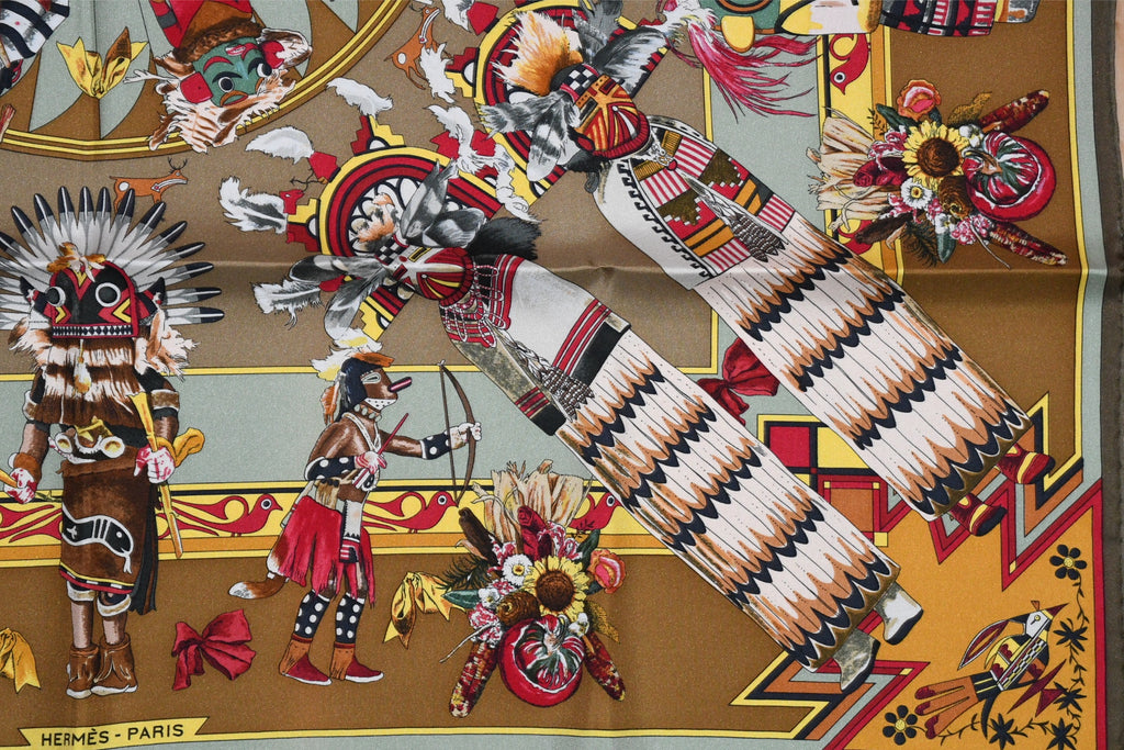 Hermes Scarf Kachina by Kermit Oliver 90 cm silk native khaki brown Carre 35"