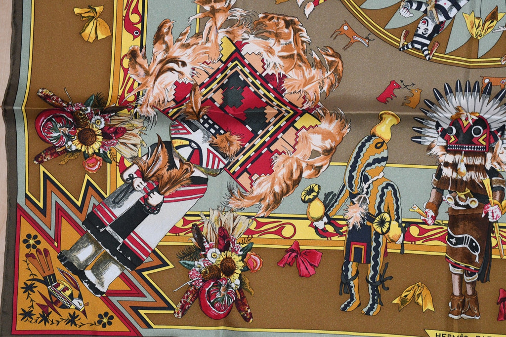 Hermes Scarf Kachina by Kermit Oliver 90 cm silk native khaki brown Carre 35"