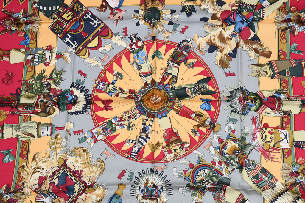 Hermes Scarf Kachina by Kermit Oliver 90 cm silk native khaki red Carre 35"