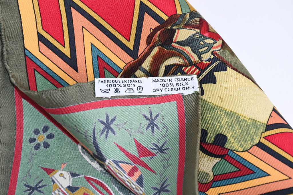Hermes Scarf Kachina by Kermit Oliver 90 cm silk native khaki red Carre 35"