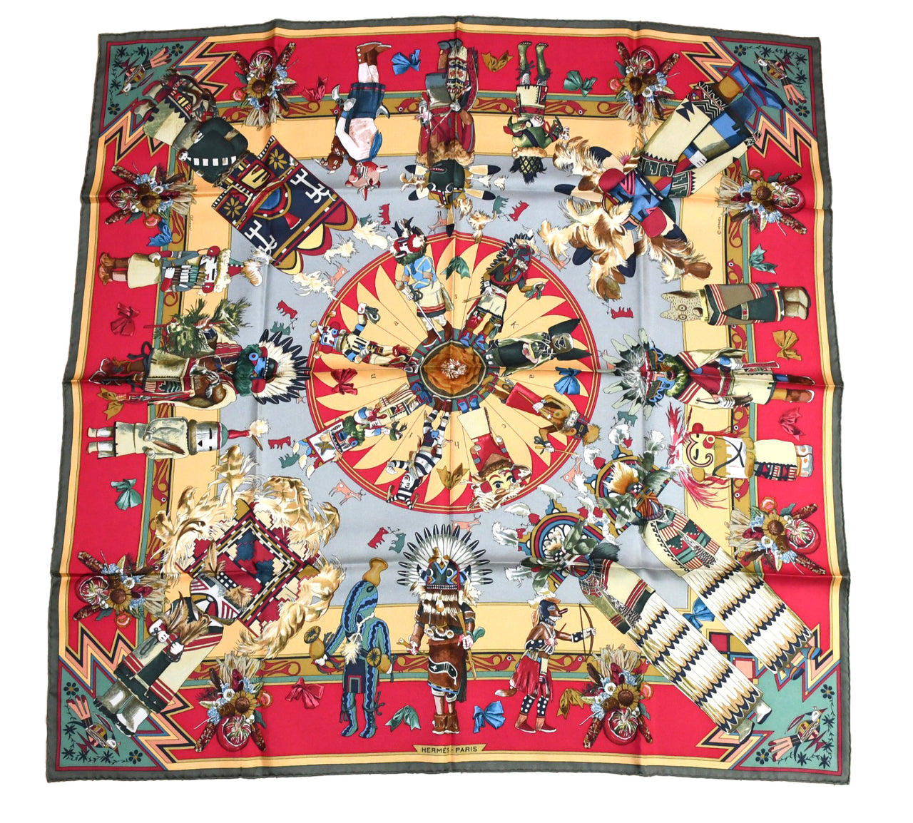 Hermes Scarf Kachina by Kermit Oliver 90 cm silk native khaki red Carre 35"