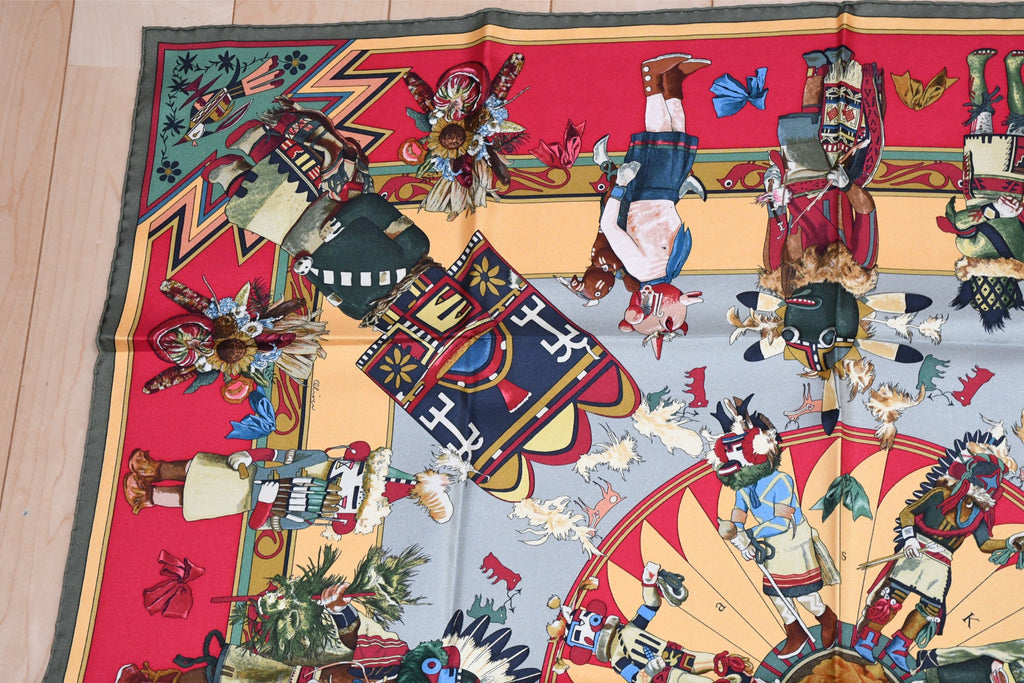 Hermes Scarf Kachina by Kermit Oliver 90 cm silk native khaki red Carre 35"