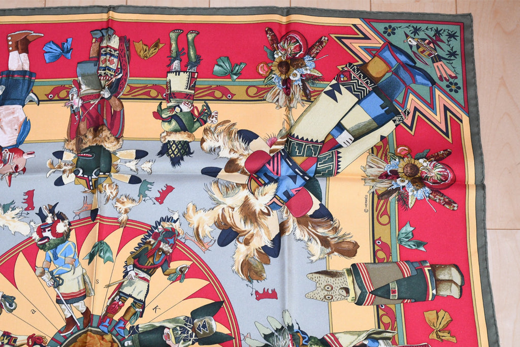 Hermes Scarf Kachina by Kermit Oliver 90 cm silk native khaki red Carre 35"