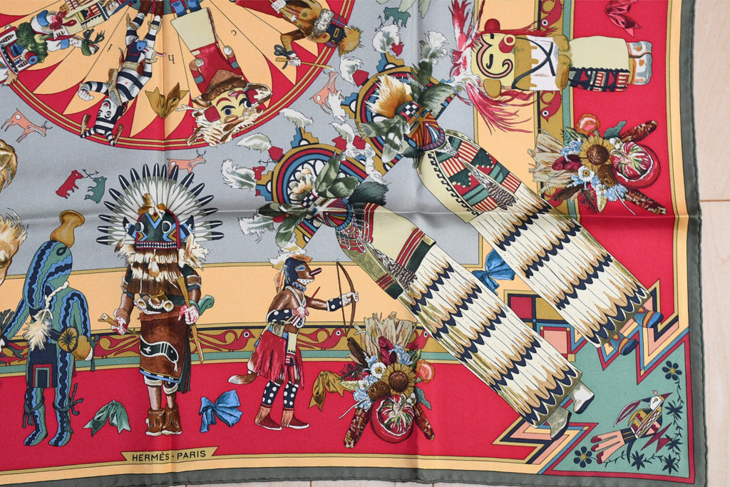 Hermes Scarf Kachina by Kermit Oliver 90 cm silk native khaki red Carre 35"