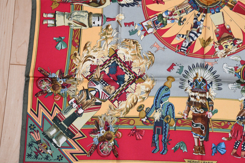 Hermes Scarf Kachina by Kermit Oliver 90 cm silk native khaki red Carre 35"