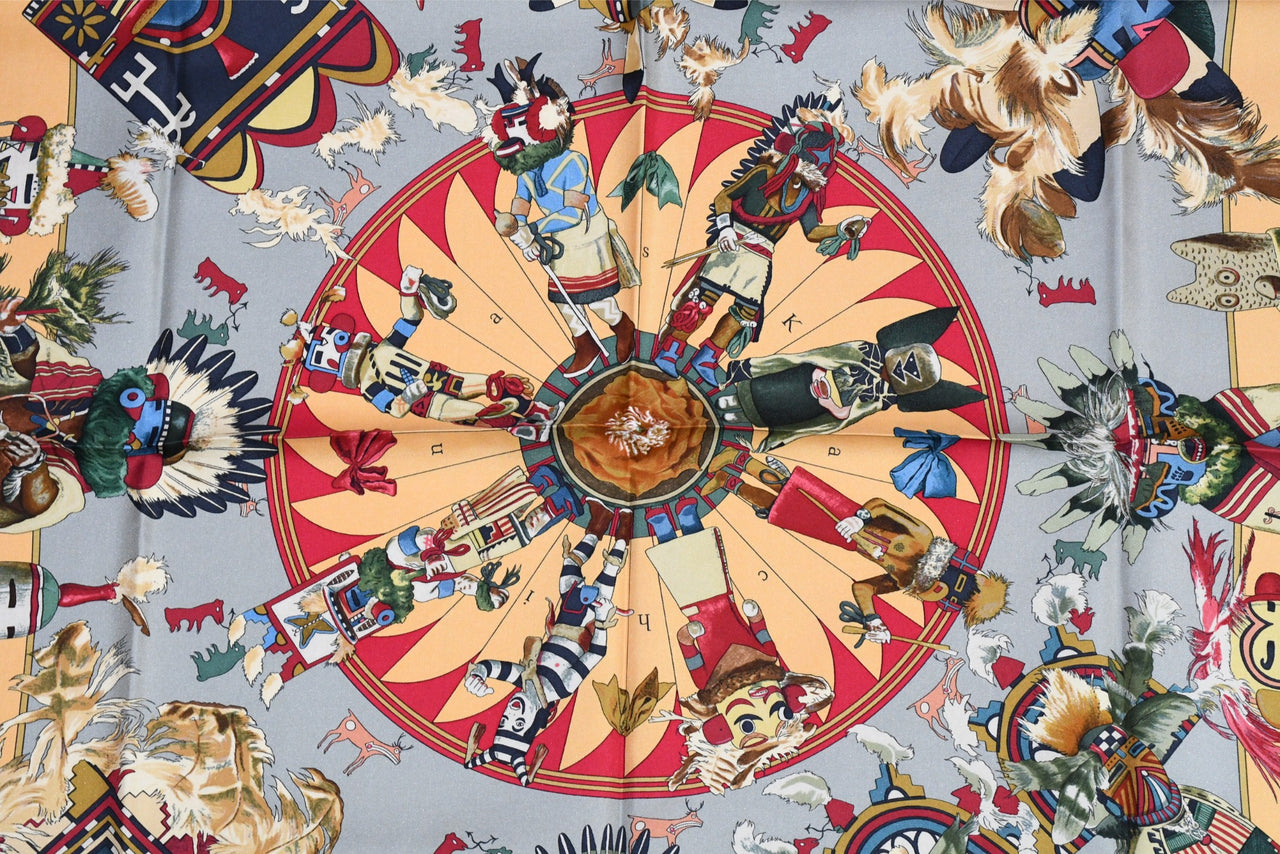 Hermes Scarf Kachina by Kermit Oliver 90 cm silk native khaki red Carre 35"