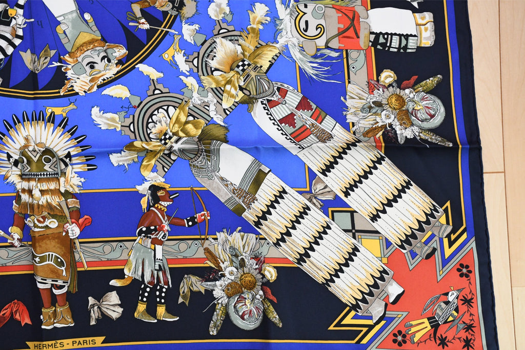 Hermes Scarf Kachina by Kermit Oliver 90 cm silk native navy blue Carre 35" 041