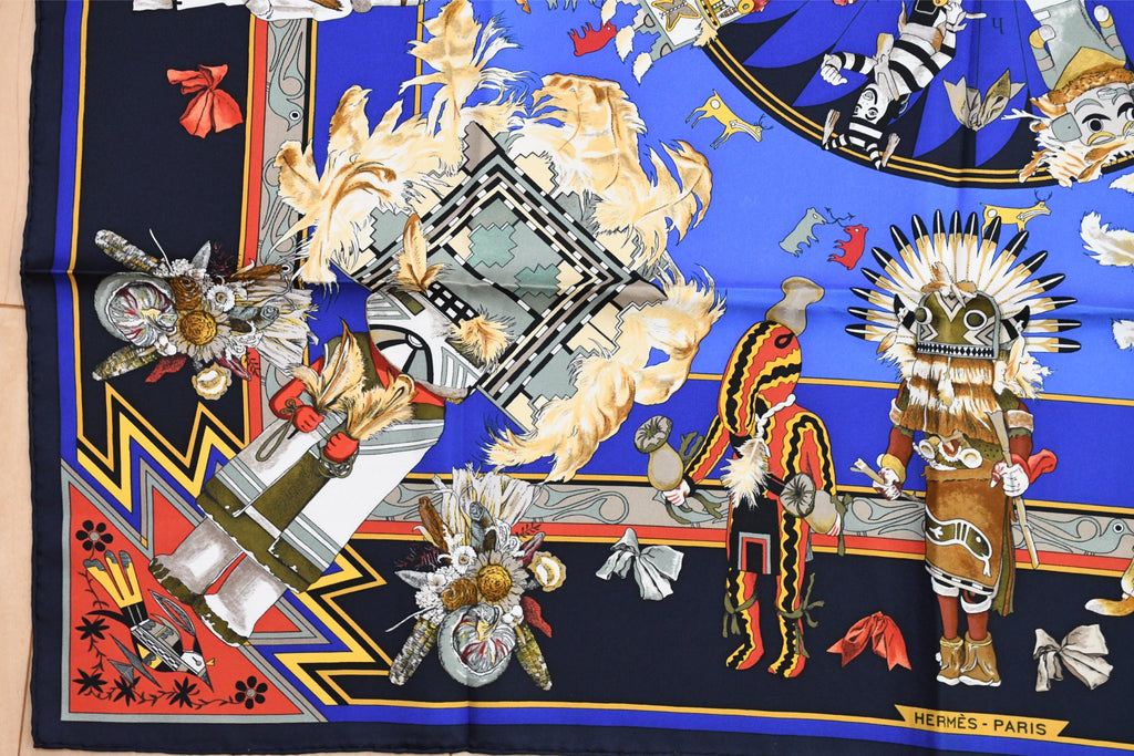 Hermes Scarf Kachina by Kermit Oliver 90 cm silk native navy blue Carre 35" 041