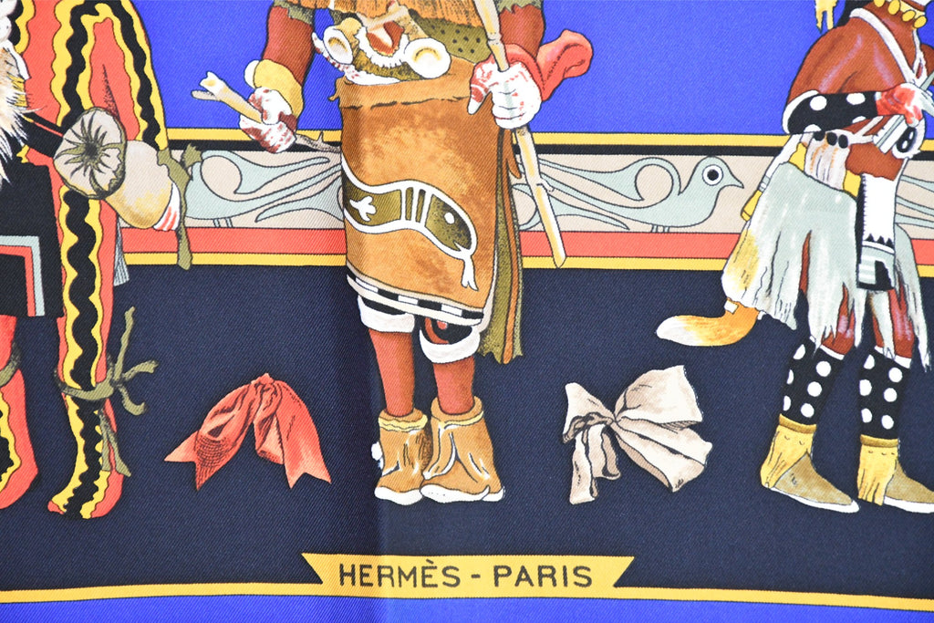 Hermes Scarf Kachina by Kermit Oliver 90 cm silk native navy blue Carre 35" 041