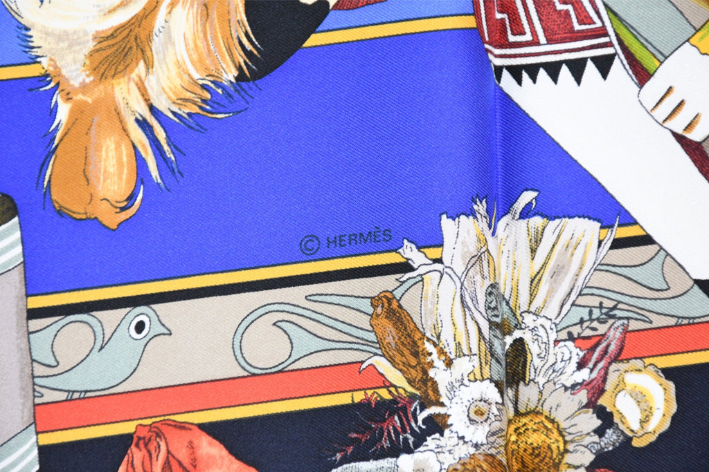 Hermes Scarf Kachina by Kermit Oliver 90 cm silk native navy blue Carre 35" 041