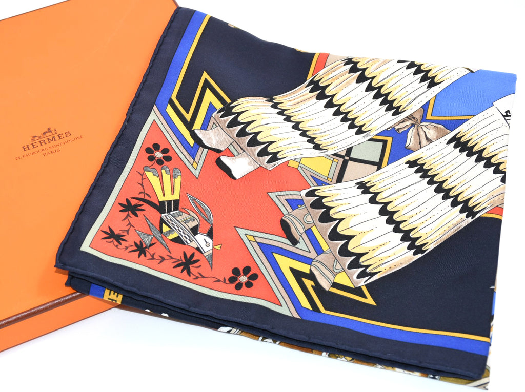 Hermes Scarf Kachina by Kermit Oliver 90 cm silk native navy blue Carre 35" 041