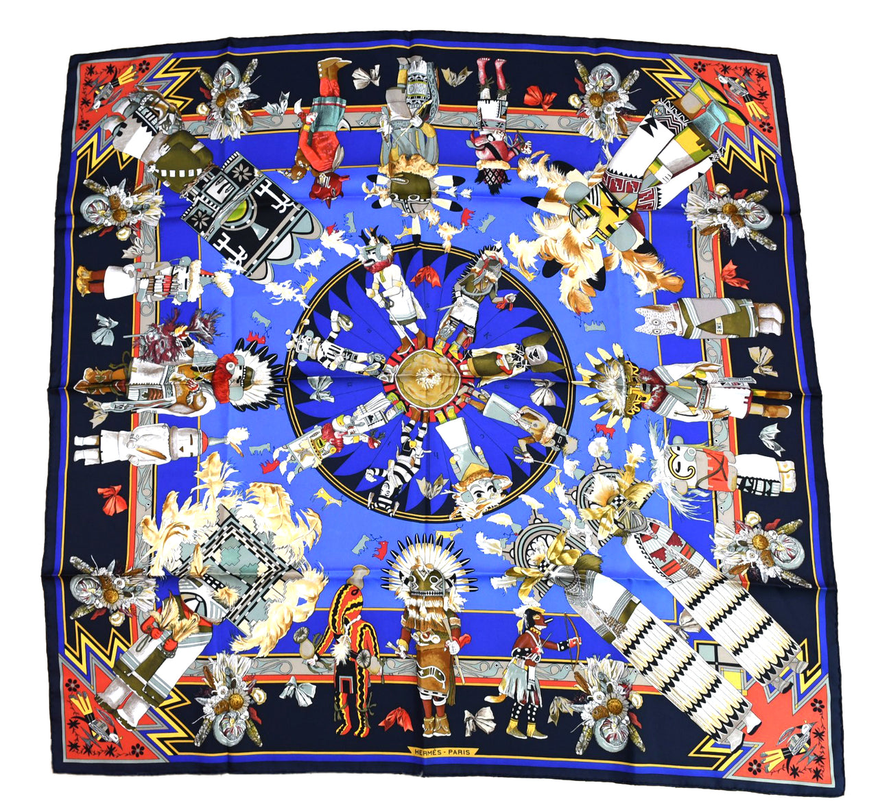 Hermes Scarf Kachina by Kermit Oliver 90 cm silk native navy blue Carre 35" 041