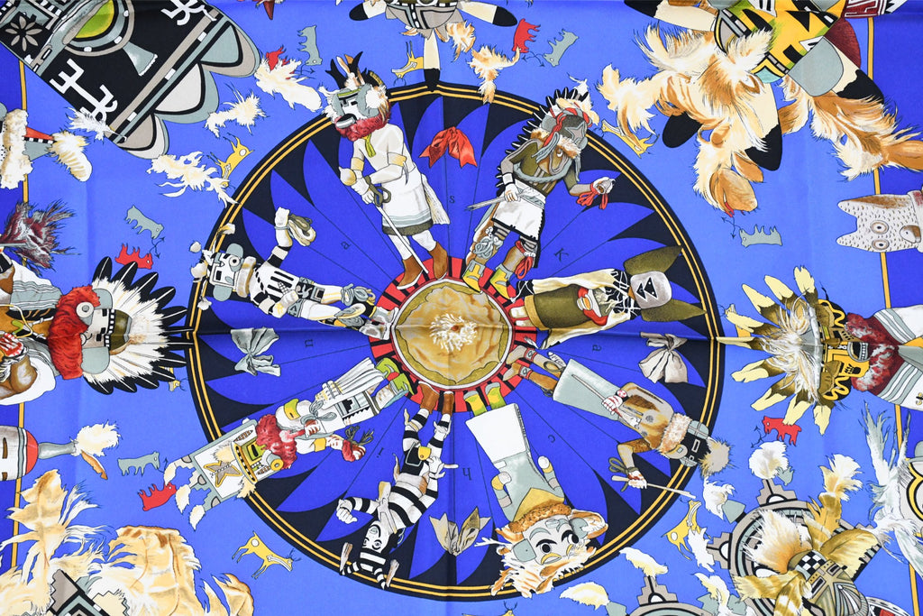 Hermes Scarf Kachina by Kermit Oliver 90 cm silk native navy blue Carre 35" 041