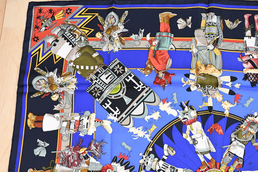 Hermes Scarf Kachina by Kermit Oliver 90 cm silk native navy blue Carre 35" 041