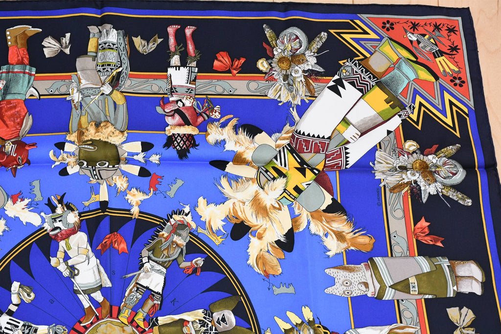 Hermes Scarf Kachina by Kermit Oliver 90 cm silk native navy blue Carre 35" 041