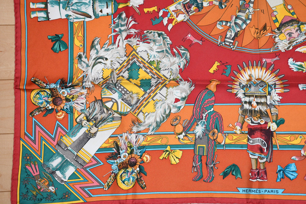 Hermes Scarf Kachina by Kermit Oliver 90 cm silk native orange Carre 35"