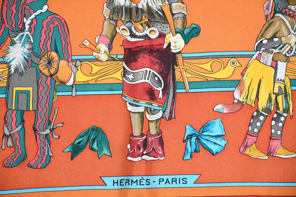 Hermes Scarf Kachina by Kermit Oliver 90 cm silk native orange Carre 35"