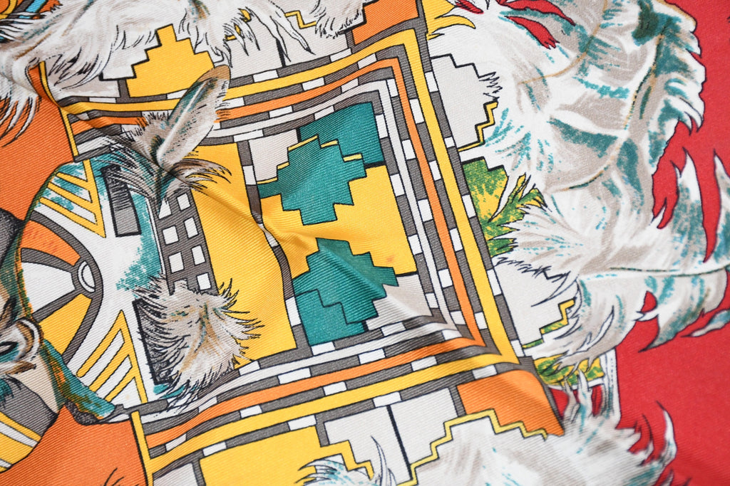 Hermes Scarf Kachina by Kermit Oliver 90 cm silk native orange Carre 35"