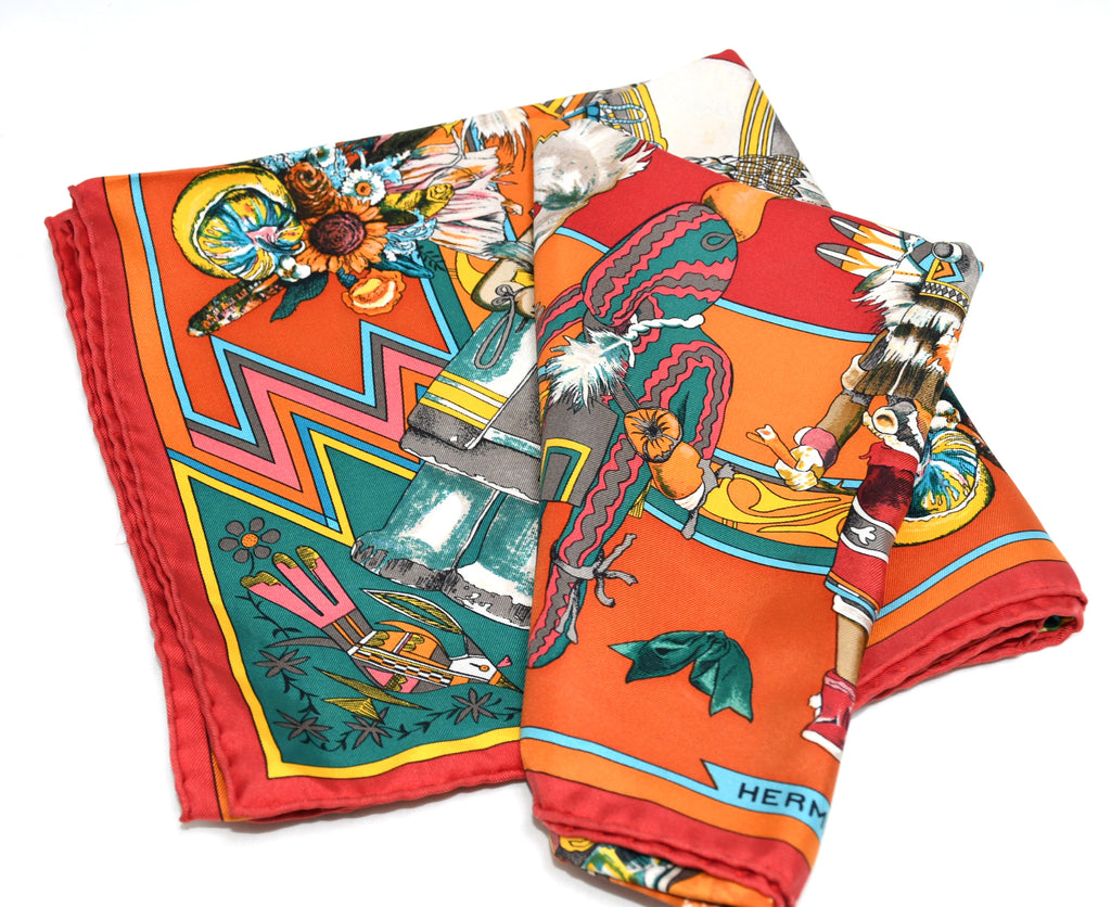 Hermes Scarf Kachina by Kermit Oliver 90 cm silk native orange Carre 35"